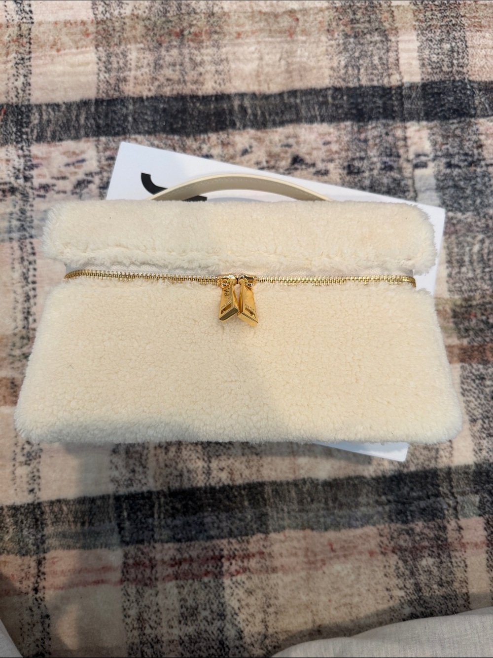JW PEI Cream Shearling Top-Handle Clutch with Gold Zip